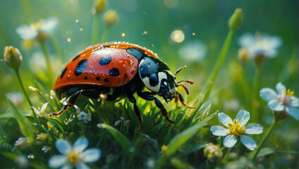 Image of beetles among flowers and grass, macro 4K photo