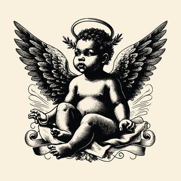 recommend clip art: hand drawn baby with wings old engraving vector illustration style. retro vintage illustration baby with wings in old engraving vecor style