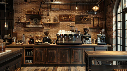 Cafe shop Restaurant design Minimalist Loft,Counter wood slat,Top counter metal,Mock up on wall...