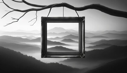 A black and white image in a minimalist style, featuring an old, empty picture frame hanging from a leafless tree branch.
