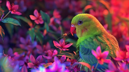 Naklejka premium Vibrant green bird pecking flowers