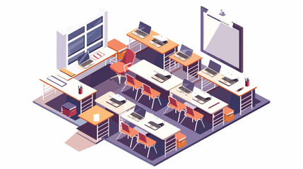 Modern technology class room with desks chairs 