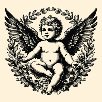 recommend clip art: hand drawn baby with wings old engraving vector illustration style. retro vintage illustration baby with wings in old engraving vecor style