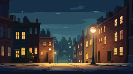 Cartoon city street at night. Vector illustration of