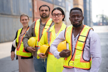 African, Asia, Caucasian team logistic engineer worker or foreman at container site	