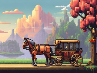 **a horse and carriage are traveling with a  pixel art style Ai generative 