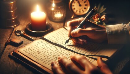 A close-up of a person's hand writing in a diary by candlelight. - Powered by Adobe