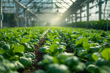 Rows of vibrant bok choy thriving in a sustainable greenhouse, bathed in the soft glow of morning sunlight..