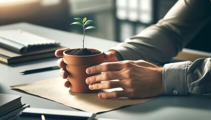 A close-up of a person's hands planting a small green sapling in a terracotta pot on an office desk. - Powered by Adobe