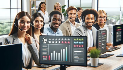 A group of diverse customer service representatives with headsets, smiling at the camera, with a digital interface of customer feedback ratings in the. - Powered by Adobe