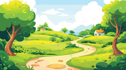Natural landscape with village road and trees. Cartoon