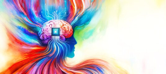 Vibrant digital painting, surreal portrait of a human head with colorful brainwaves and a microchip, central processing unit. Copy space. Concept neurosurgery, microprocessor - obrazy, fototapety, plakaty