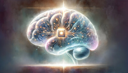 An artistic rendition of a brain with an integrated processor chip, symbolizing the connections of a brain-computer interface. Copy space. Concept neuroscience, microprocessor