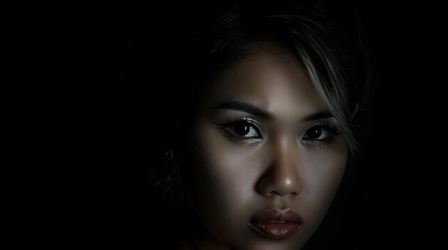 Portait photography of the face of a young asian woman with black background. Spot light portrait. Expressive girl portrait on dark background. Girl with a spot of light on her face. Sad face.
