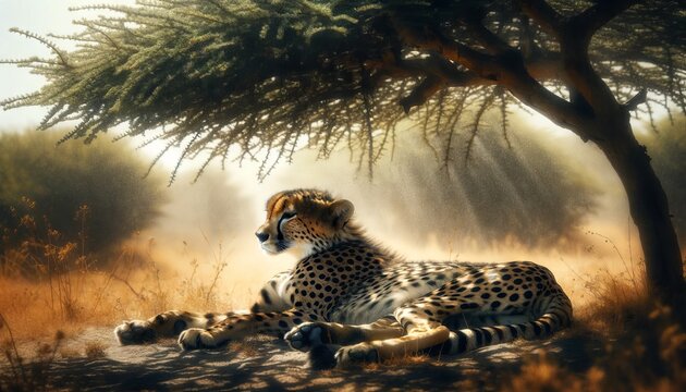 The image should portray a cheetah resting under the shade of an acacia tree during the heat of the day. - Powered by Adobe