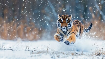 Tiger in wild winter nature. Amur tiger running in the snow. Action wildlife scene with danger animal. Cold winter in tajga Russia   - obrazy, fototapety, plakaty