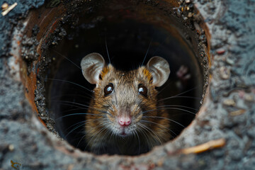 An alert brown rat with shiny eyes peers out from the darkness of its burrow, cautiously scanning its surroundings. - obrazy, fototapety, plakaty