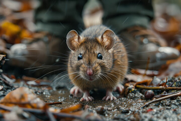 A cautious brown rat emerges from the urban shadows, navigating the rubble near worn-out boots, a testament to city wildlife adaptability.