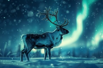 Majestic reindeer, distant stance, grand antlers, aurora backdrop, 