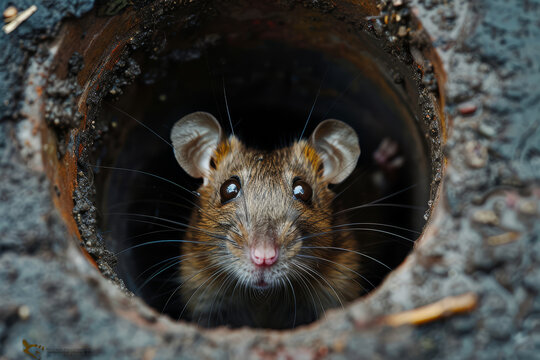 An alert brown rat with shiny eyes peers out from the darkness of its burrow, cautiously scanning its surroundings.
