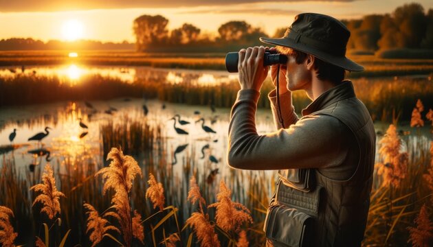 A birdwatcher observing wildlife through binoculars in a wetland, bathed in the warm glow of the setting sun.