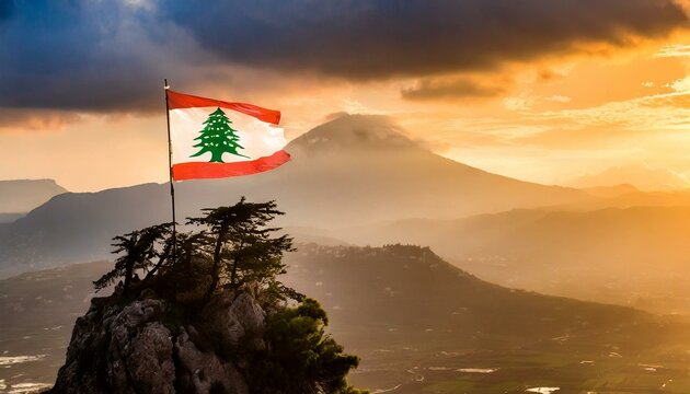 The Flag of Lebanon On The Mountain.