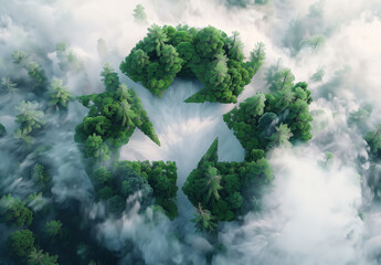 Aerial view of recycle symbol in forest with clouds accenting a perfectly recycle symbol, sustainability and earth's natural cycle - obrazy, fototapety, plakaty