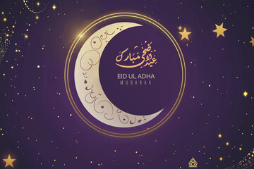 Obraz na płótnie Canvas Golden crescent moon on a violet purple color background with stars, image showing Eid UL Adha Mubarak 