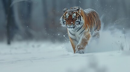 Tiger in wild winter nature. Amur tiger running in the snow. Action wildlife scene with danger animal. Cold winter in tajga Russia  
