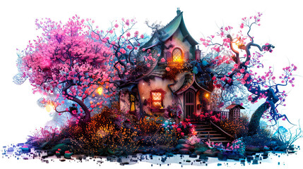 Obraz na płótnie Canvas A small fairy tale cottage surrounded by trees and mystic lights, clipart, fantasy, for scrapbooking, video games