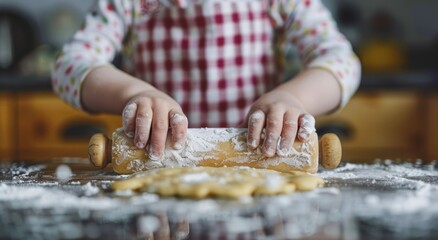  an image of a child rolling out dough in the kitchen, capturing the joy and messiness of the cooking experience.