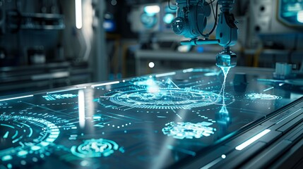 an image of a wide landscape view of a futuristic sewing table, with robotic arms intricately patching fabric adorned with circuit patterns, set in a high-tech workshop setting with soft focus on dist