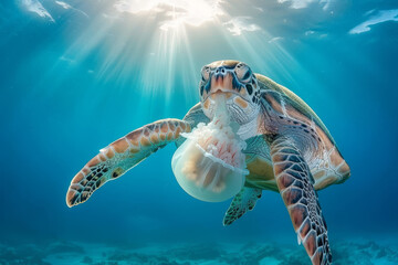 Close-up of a colorful sea turtle gracefully swimming in clear turquoise water, showcasing the...