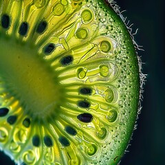 an image of a microscopic shot of a slice of kiwi, emphasizing its intricate cellular structure and vibrant colors under magnification