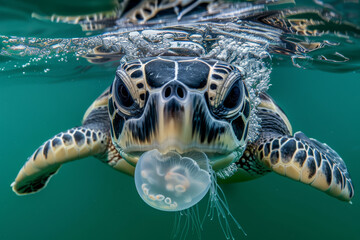 Close-up of a colorful sea turtle gracefully swimming in clear turquoise water, showcasing the...