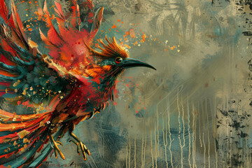 Artistic depiction of a bird in motion, with dynamic splashes of vibrant colors on a textured...