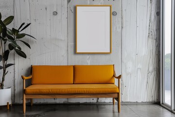 Designer interior of a room in minimalist style. Yellow sofa, plant, frame painting mockup