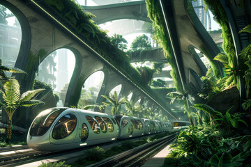 A cutting-edge train travels through a verdant, plant-filled biome within a futuristic eco-architecture structure, suggesting harmony between technology and nature..