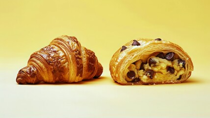 Crookie croissant with filling chocolate chip cookie dough. crookie croissant on a pastel yellow  background. top view.  food commercial illustration, free place for text. - obrazy, fototapety, plakaty