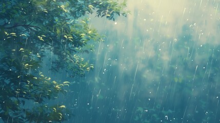 Obraz premium Anime rainy background with tree on the left side