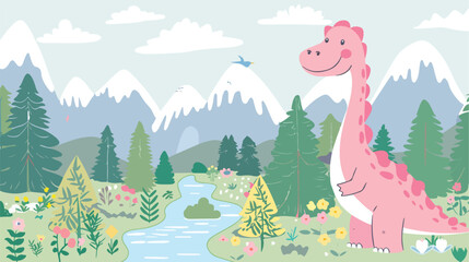 Cartoon pink dinosaur in nature mountains trees and r