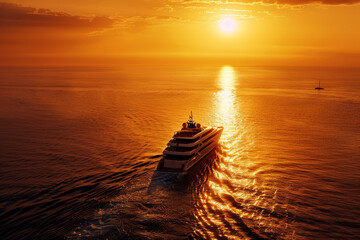 A majestic luxury cruise liner cuts through calm ocean waters as the sun sets, casting a golden hue over the seascape.. - obrazy, fototapety, plakaty