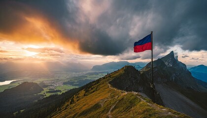 The Flag of Liechtenstein On The Mountain. - obrazy, fototapety, plakaty