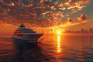 Fototapeta premium A majestic luxury cruise liner cuts through calm ocean waters as the sun sets, casting a golden hue over the seascape..