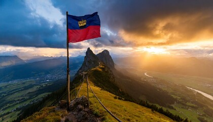 The Flag of Liechtenstein On The Mountain.