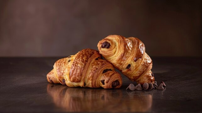  Crookie croissant with filling chocolate chip cookie dough. crookie croissant on a dark background. top view.  food commercial image, free place for text.
 