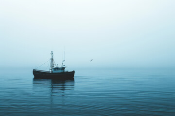 Obraz premium Fishing Boat in Misty Calm Sea.