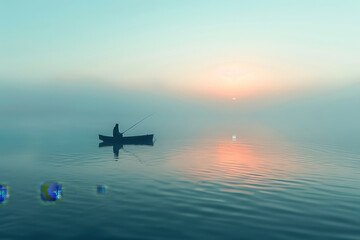 Fototapeta na wymiar Fishing Boat in Misty Calm Sea.