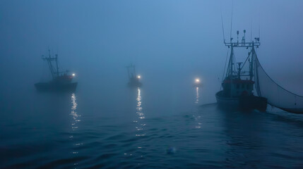 Fishing vessels emerge from the mist on the calm sea, illuminated by the diffuse light of an early morning sun..