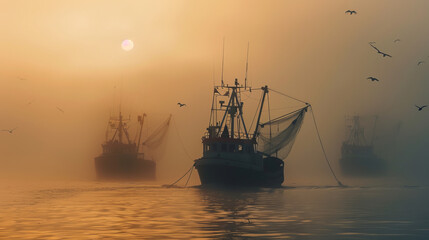 Fototapeta premium Fishing Vessels with Nets in Hazy Sunrise.